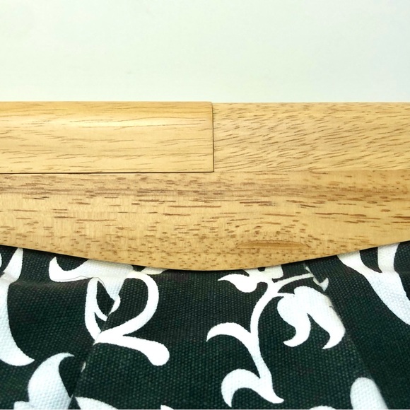 Floral Large Clutch Wooden Hand Bag Black White Summer Spring 100% Cotton Chic - Picture 2 of 16